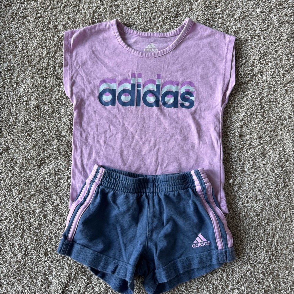 Adidas Toddler Girl Outfit – Purple Tee & Blue Shorts Graphic Tee – Size 2T - Picture 2 of 6